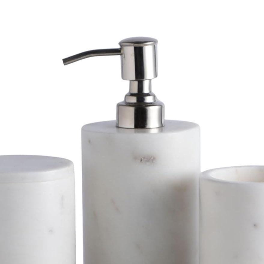 White Marble Bathroom Accessories Set with Silver Pump, Round Tray, Soap Dispenser, Toothbrush Holder - Image 4