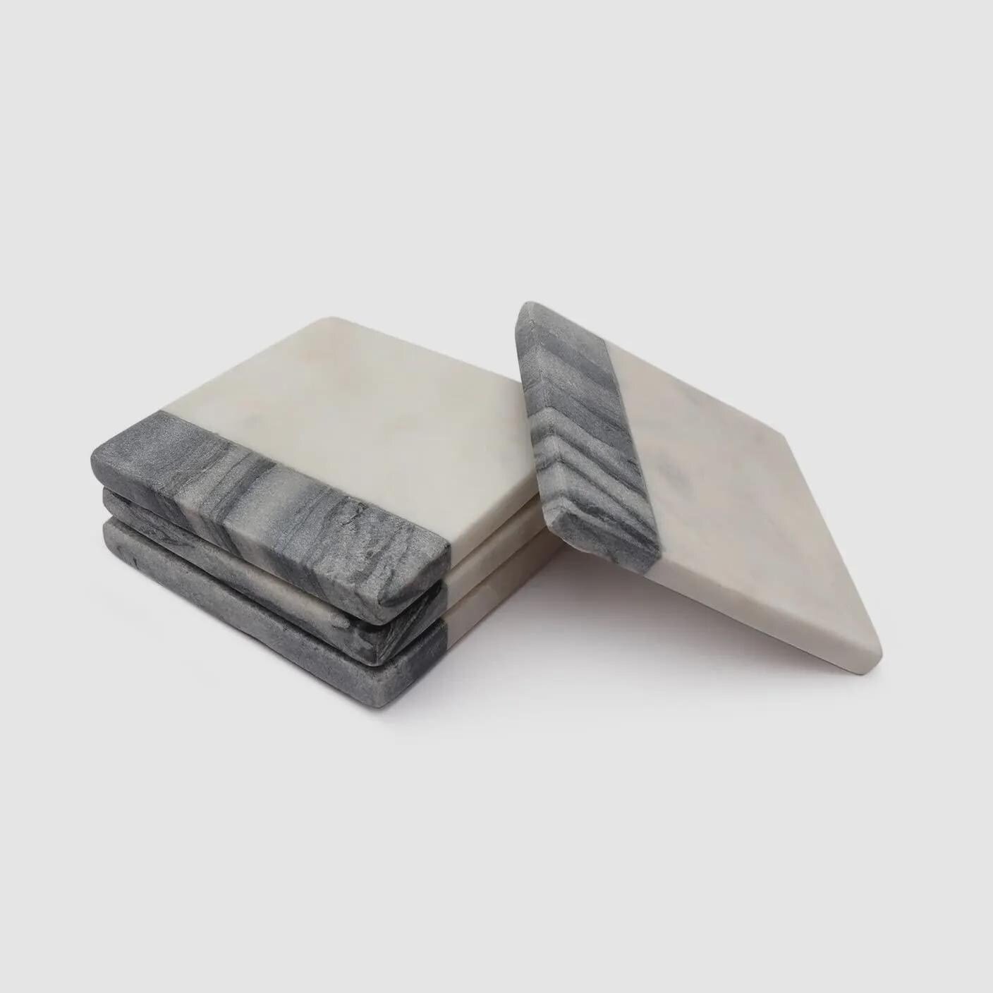 Two-Tone Marble Coasters (Set of 4) – White and Gray Stone Square Drink Coasters - Image 2