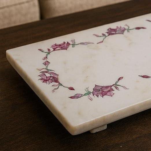 White Marble Serving Tray Floral Inlay, Handcrafted Charcuterie Board, Coffee Table Decor - Image 4