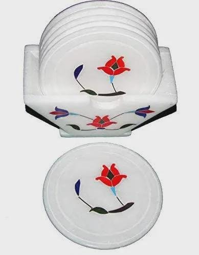 White Marble Coasters Set, Pietra Dura Floral Inlay, Drink Coaster Holder - Image 3