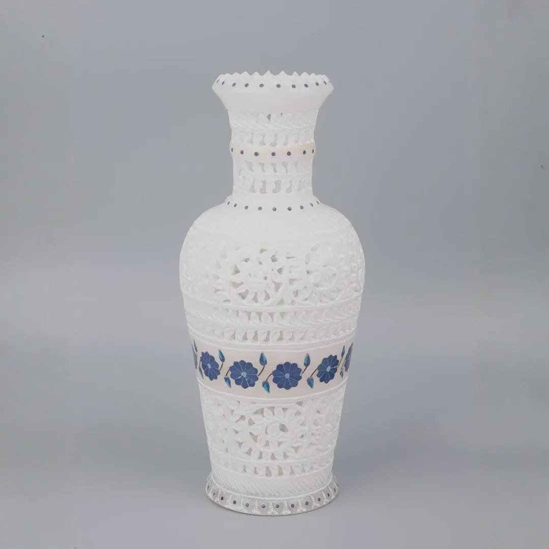 Handmade Marble Vase: Blue Inlay Carved Stone Floral Decor 30cm - Image 2