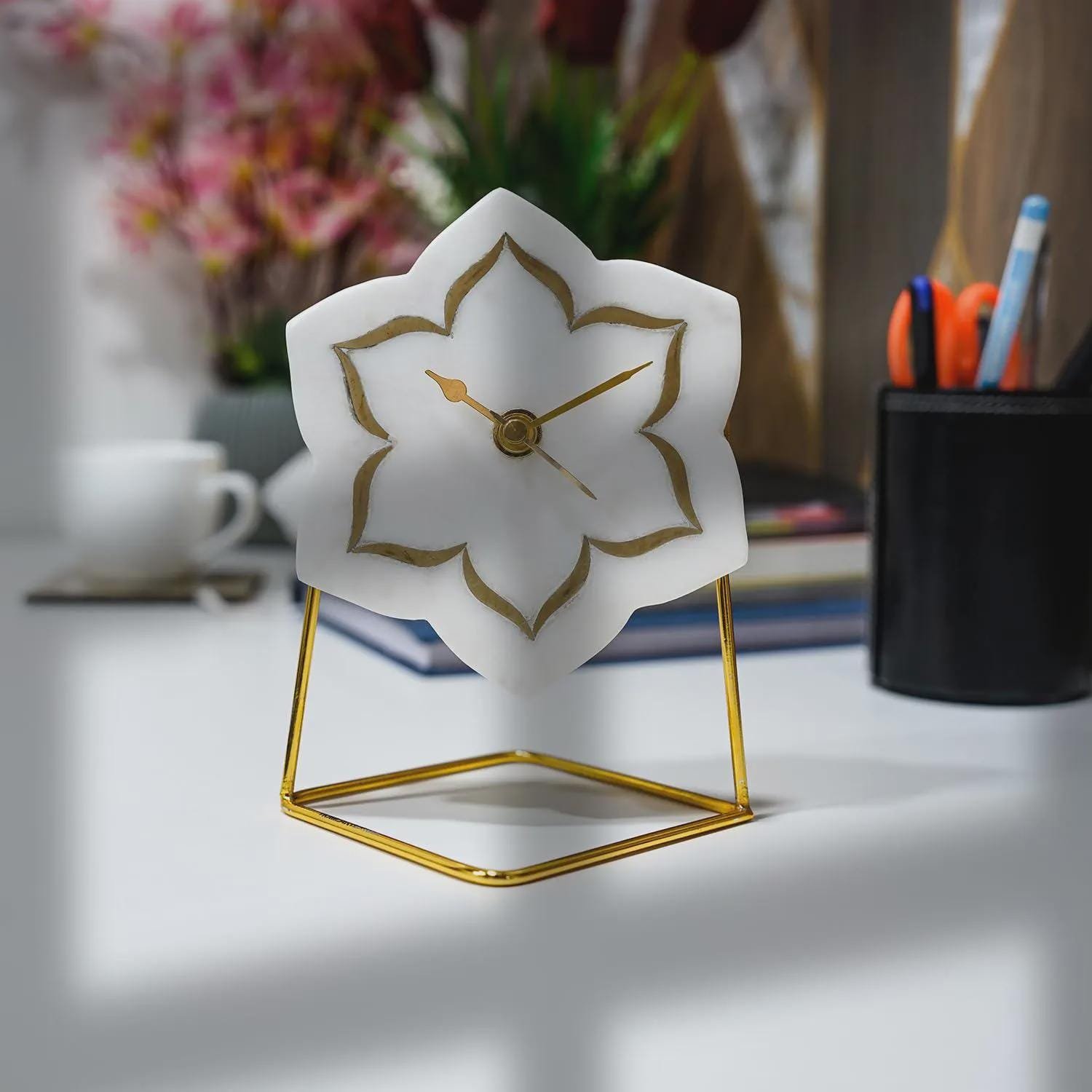 White Marble Desk Clock with Brass Floral Inlay – Luxury Office Decor (14x15.5cm) - Image 2