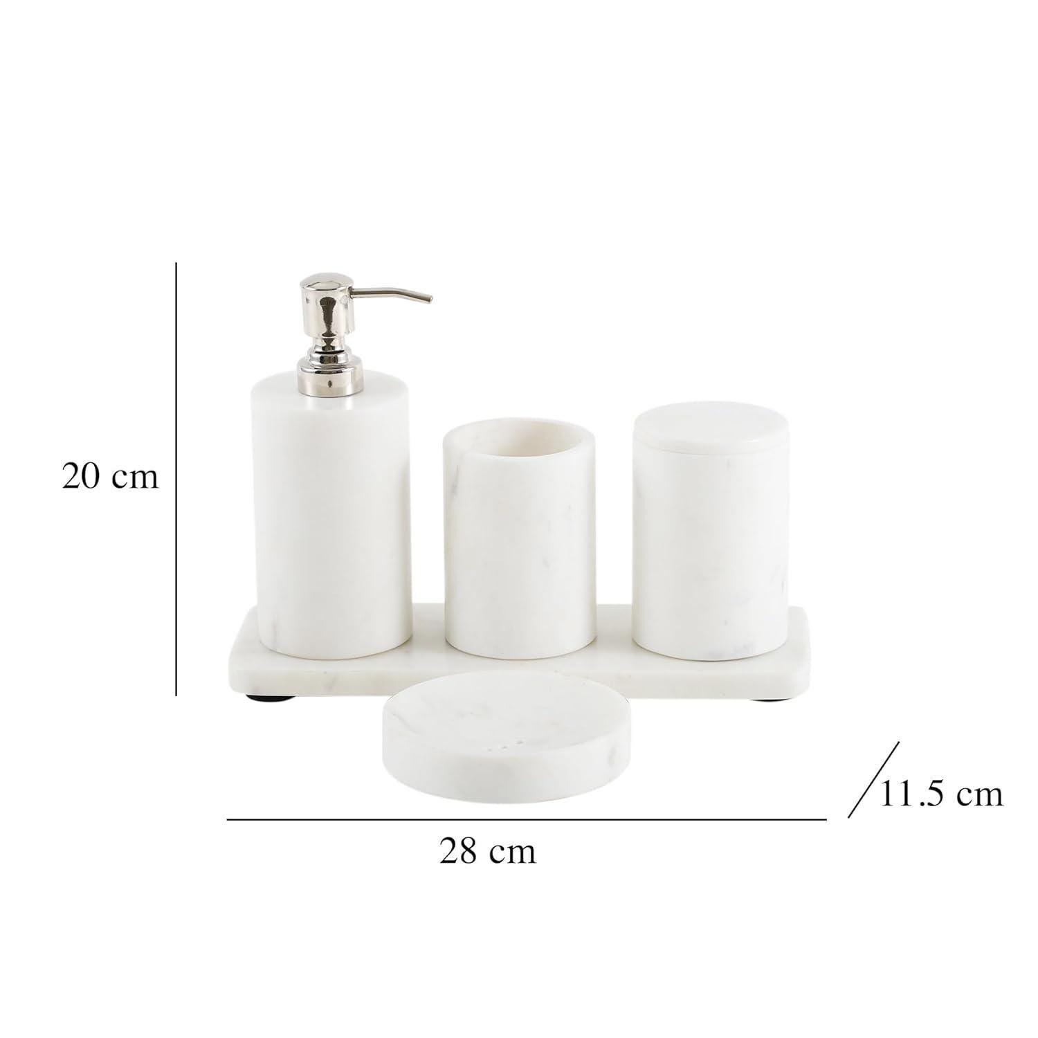 White Marble Bathroom Accessories Set with Silver Pump, Vanity Tray, Soap Dispenser, Toothbrush Holder - Image 5