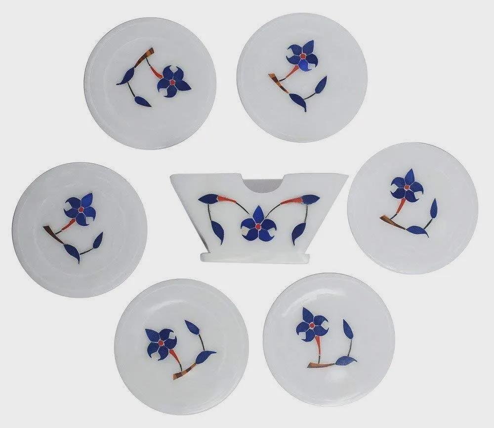 White Marble Coasters Set, Pietra Dura Floral Inlay, Drink Coaster Holder - Image 5