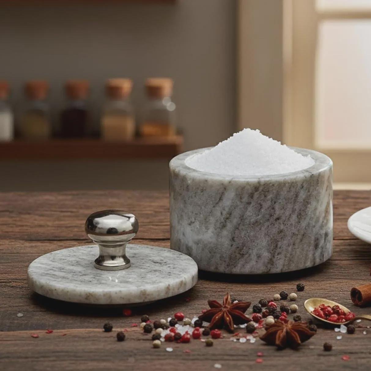 Marble Salt Cellar with Lid, Round Spice Pinch Bowl, Stone Kitchen Storage Container - Image 2
