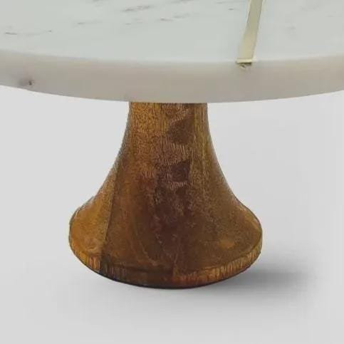 White Marble Cake Stand, Wood Base, Gold Brass Inlay, Luxury Riser (10 x 5.5 Inches) - Image 4