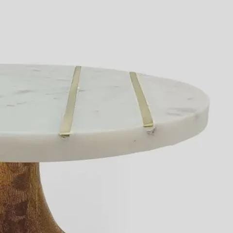 White Marble Cake Stand, Wood Base, Gold Brass Inlay, Luxury Riser (10 x 5.5 Inches) - Image 5
