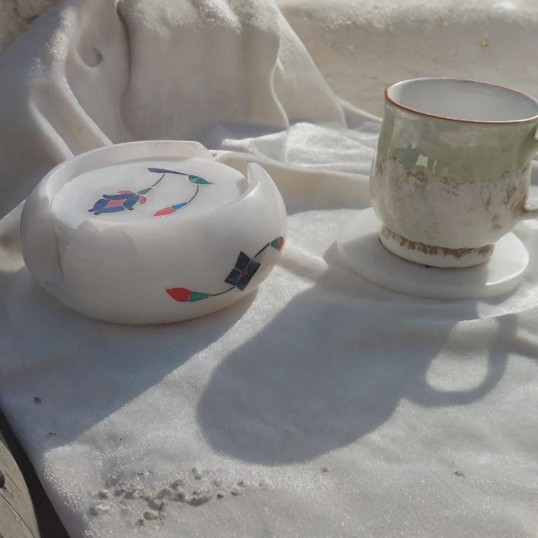 Marble Inlay Coasters Set with Holder, Pietra Dura Floral Drink Coasters - Image 6