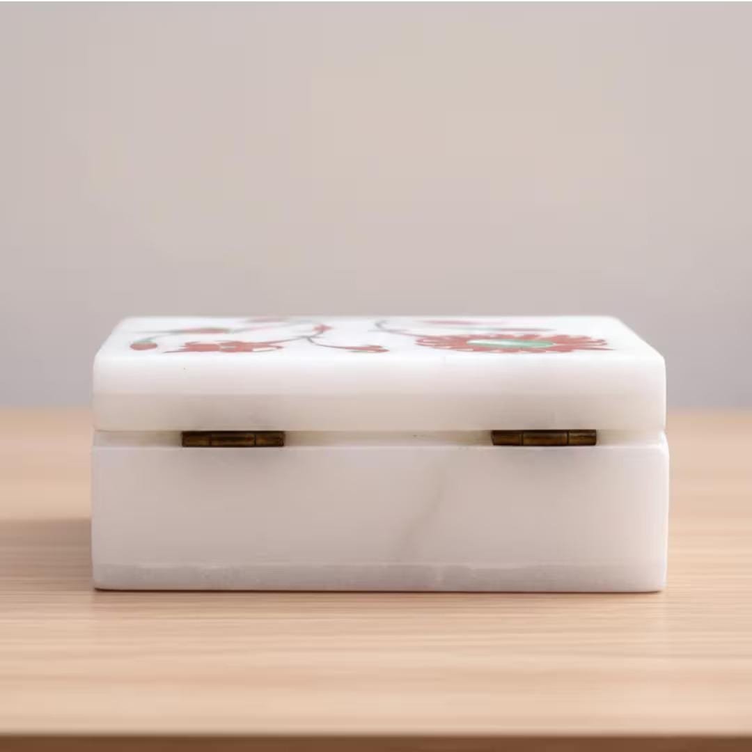 White Marble Jewelry Box: Handcrafted Floral Inlay Trinket Keepsake Box (4" x 3") - Image 3