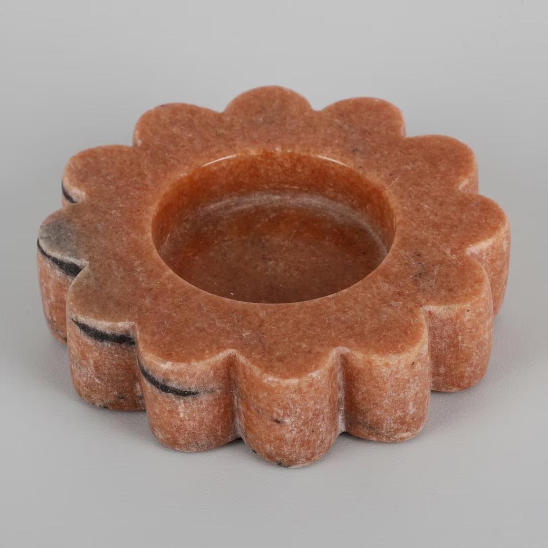 Hand-Carved Marble Flower Candle Holder – Scalloped Stone Accent Dish - Image 2