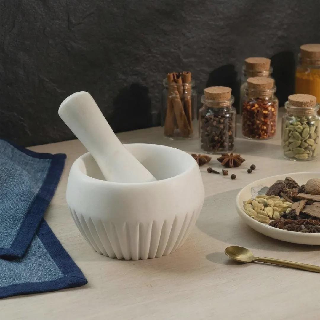 White Marble Mortar and Pestle Set, Hand Carved Fluted Spice Grinder - Image 4