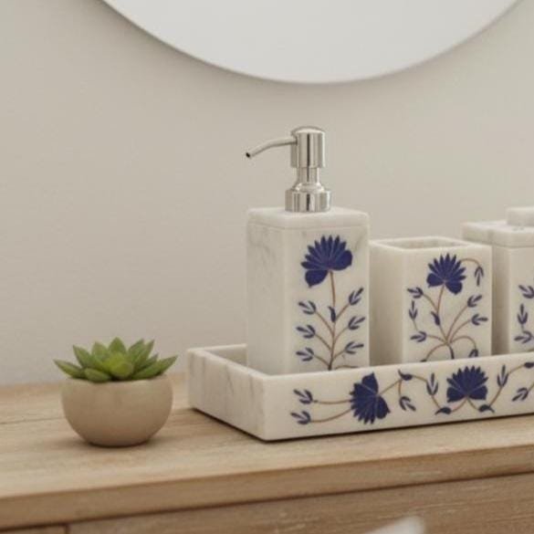 White Marble Floral Inlay Bathroom Accessories Set, Luxury Vanity Decor Tray - Image 3