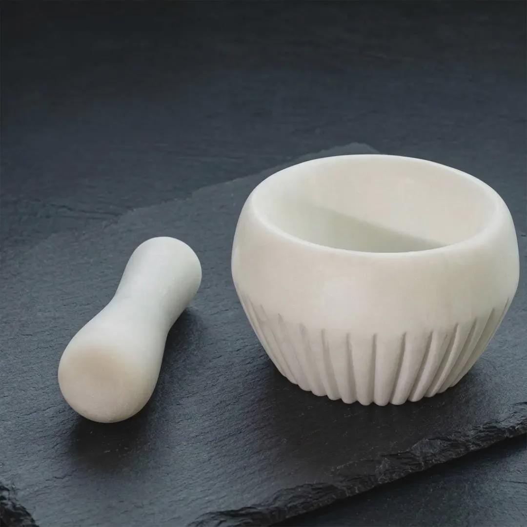 White Marble Mortar and Pestle Set, Hand Carved Fluted Spice Grinder - Image 2