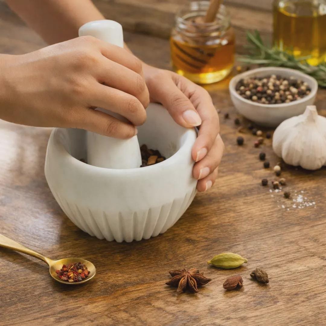 White Marble Mortar and Pestle Set, Hand Carved Fluted Spice Grinder - Image 3