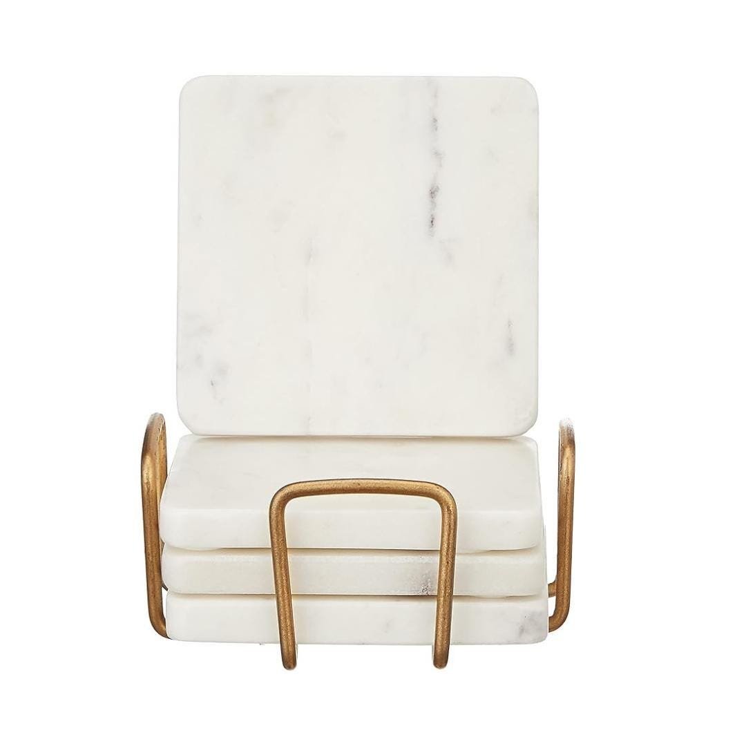 White Marble Coasters with Gold Holder – Modern Square Stone Drink Set - Image 3
