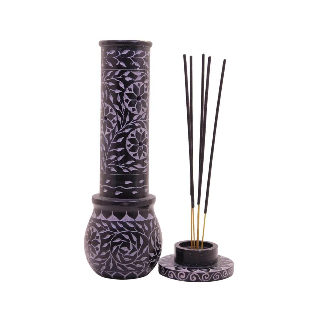 Hand Carved Soapstone Incense Burner Tower, 10" Floral Candle Holder, Spiritual Decor - Image 2