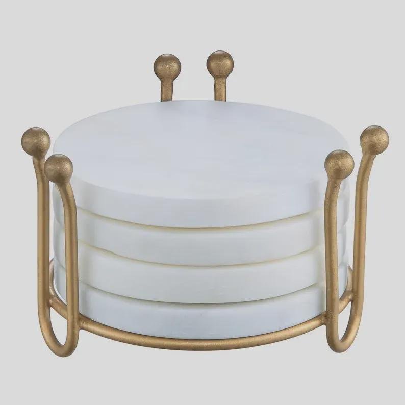 Set of 4 White Marble Coasters with Antique Brass Stand – Modern Table Decor - Image 2
