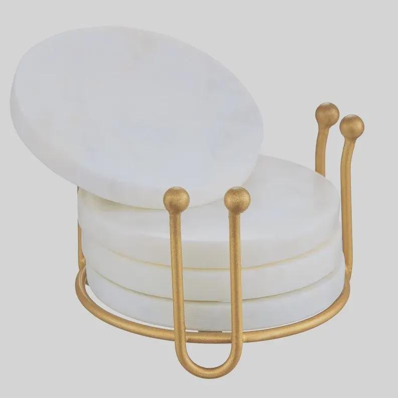 Set of 4 White Marble Coasters with Antique Brass Stand – Modern Table Decor - Image 4