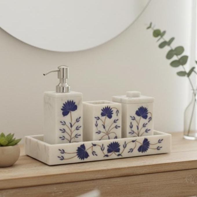 White Marble Floral Inlay Bathroom Accessories Set, Luxury Vanity Decor Tray - Image 2