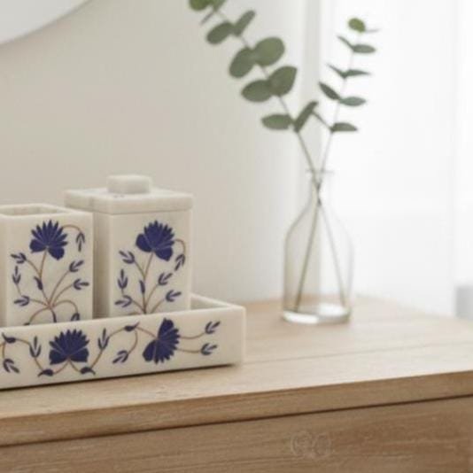 White Marble Floral Inlay Bathroom Accessories Set, Luxury Vanity Decor Tray - Image 4