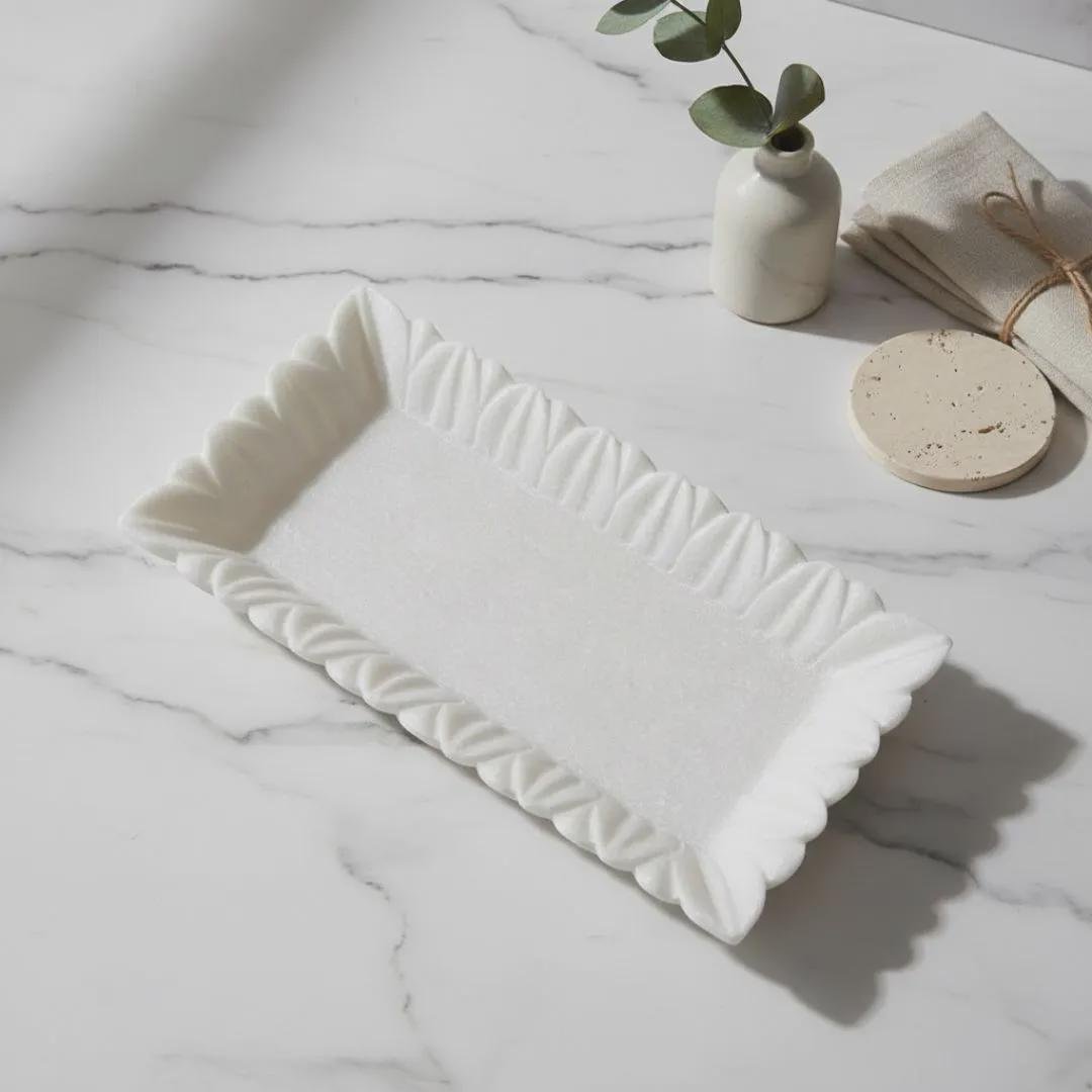 Handcrafted White Marble Scalloped Tray Rectangular Vanity Plate Decorative Fluted Jewelry Dish 12x6 Inch - Image 8