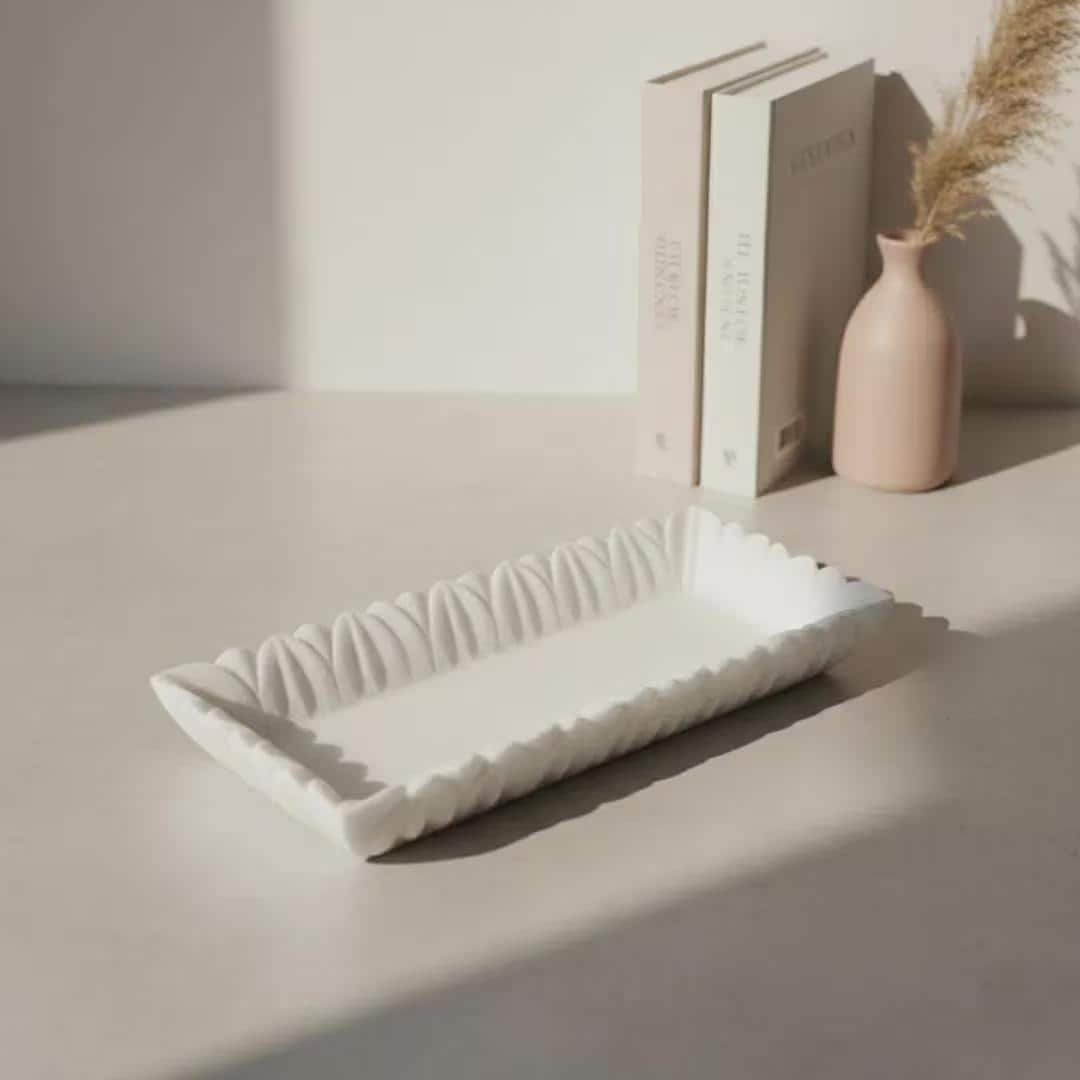 Handcrafted White Marble Scalloped Tray Rectangular Vanity Plate Decorative Fluted Jewelry Dish 12x6 Inch - Image 4