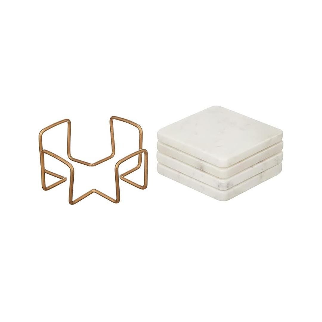 White Marble Coasters with Gold Holder – Modern Square Stone Drink Set - Image 4