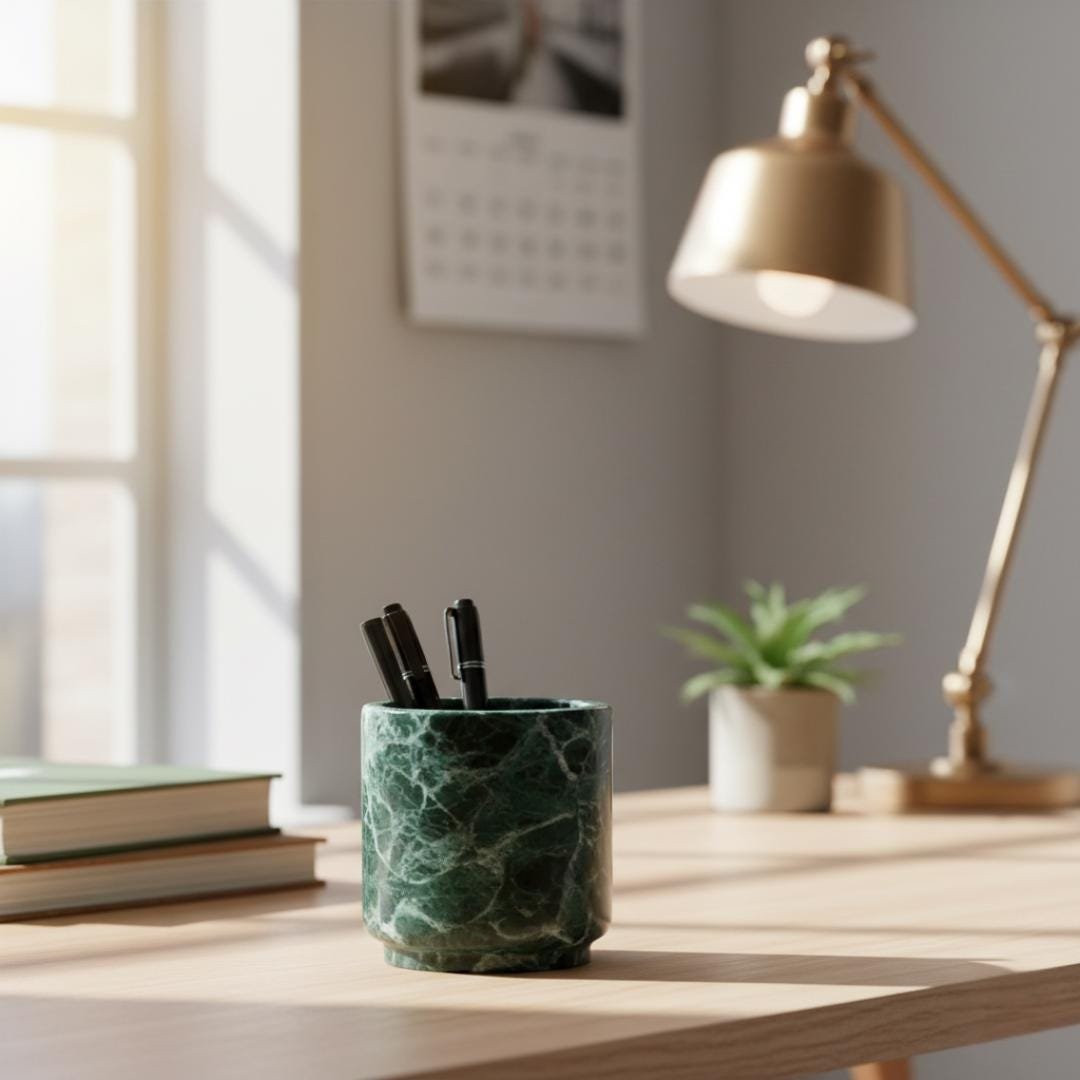 Handcrafted Green Marble Pen Holder: Minimalist Desk Organizer (4"H) - Image 2