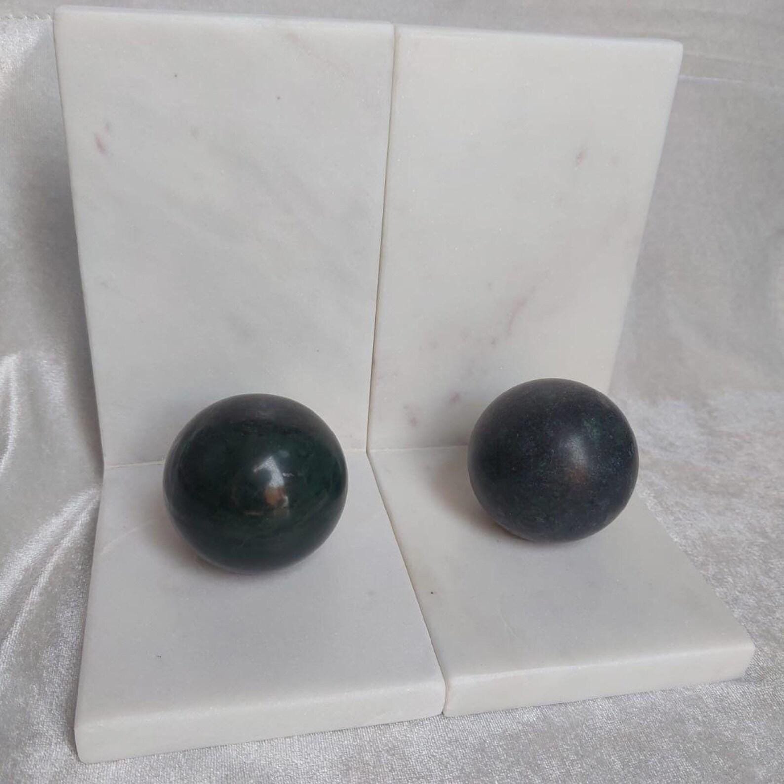 Handcrafted White Marble Bookends with Green Stone Spheres – Modern Geometric Desk Decor - Image 4