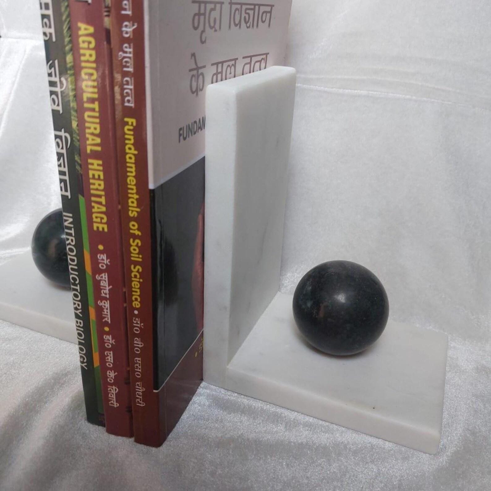 Handcrafted White Marble Bookends with Green Stone Spheres – Modern Geometric Desk Decor - Image 2