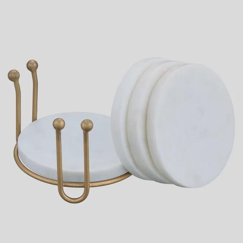 Set of 4 White Marble Coasters with Antique Brass Stand – Modern Table Decor - Image 5
