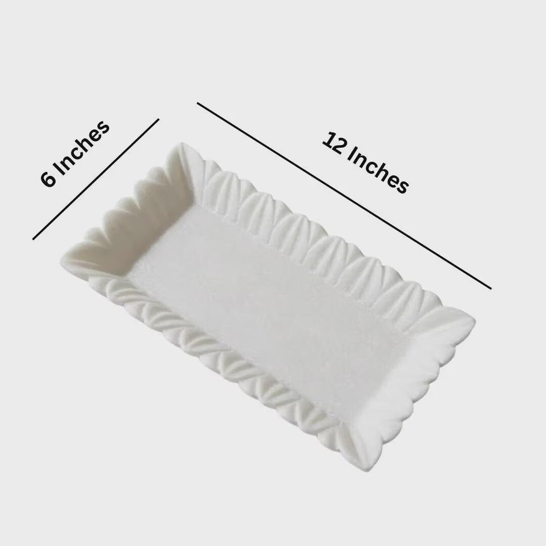 Handcrafted White Marble Scalloped Tray Rectangular Vanity Plate Decorative Fluted Jewelry Dish 12x6 Inch - Image 9