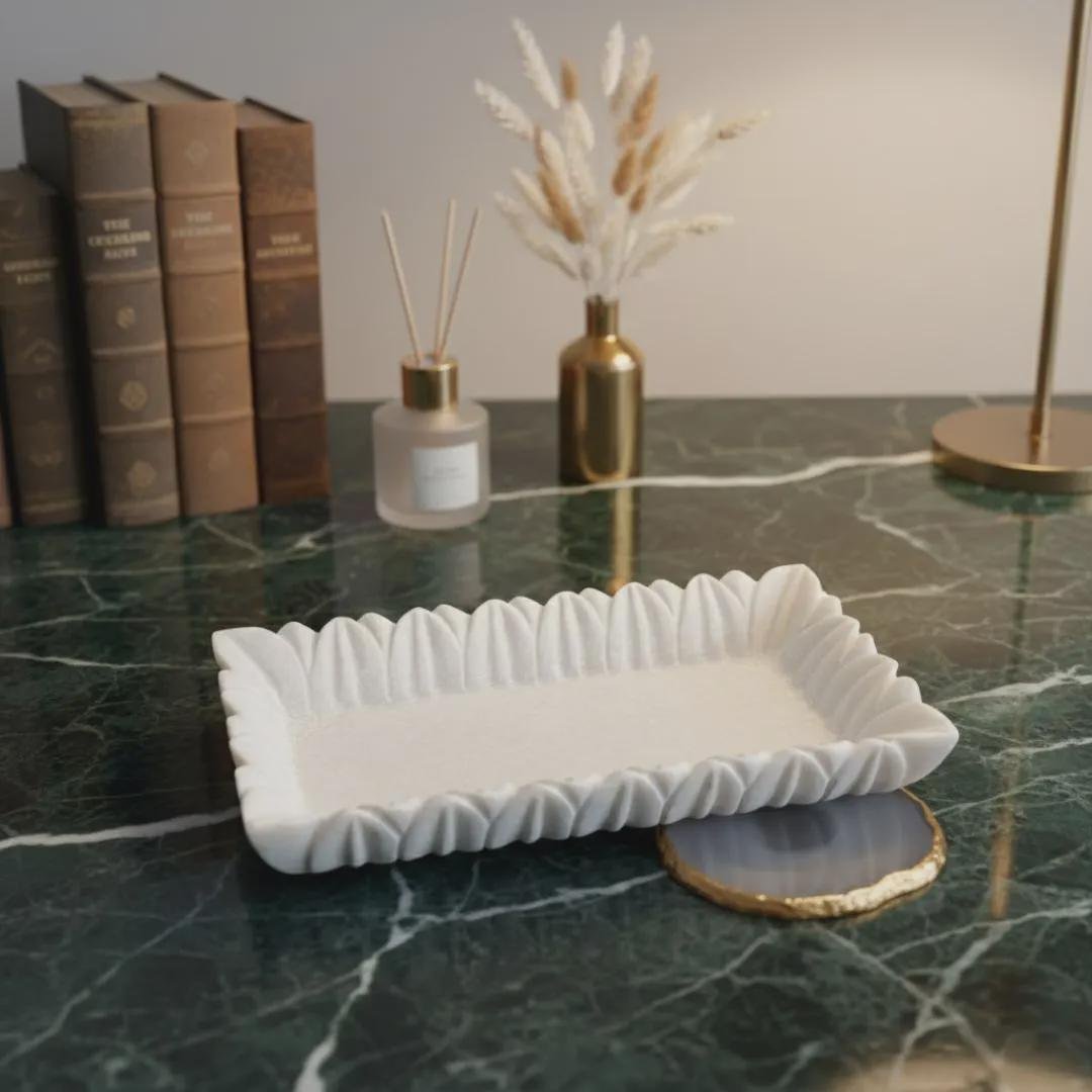 Handcrafted White Marble Scalloped Tray Rectangular Vanity Plate Decorative Fluted Jewelry Dish 12x6 Inch - Image 5