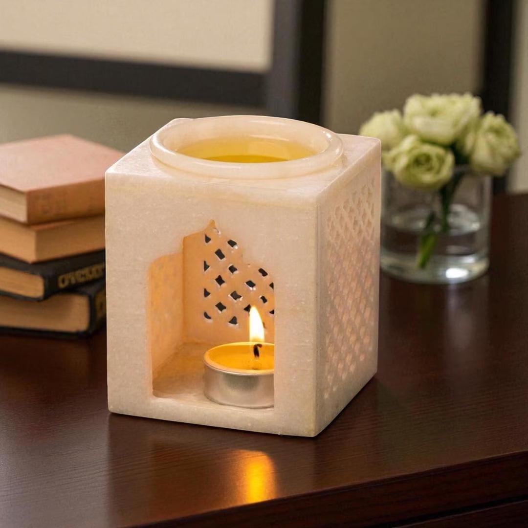 Hand-Carved White Marble Soapstone Oil Burner, Square Zen Home Decor Diffuser - Image 2