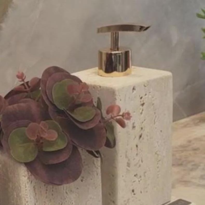 Travertine Bathroom Accessory Set: Natural Stone Vanity Organizer with Gold Accents - Image 4