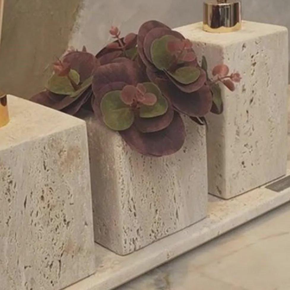 Travertine Bathroom Accessory Set: Natural Stone Vanity Organizer with Gold Accents - Image 3