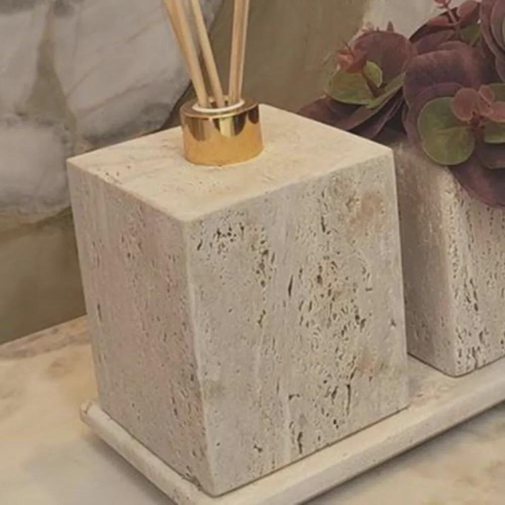 Travertine Bathroom Accessory Set: Natural Stone Vanity Organizer with Gold Accents - Image 2