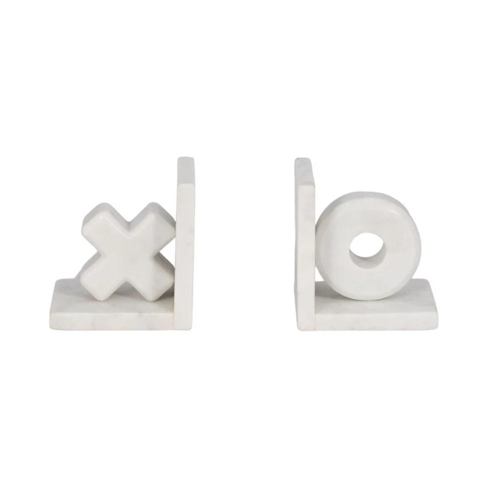 Hand-Carved White Marble XO Bookends: Modern Geometric Shelf Decor (6"H) - Image 2