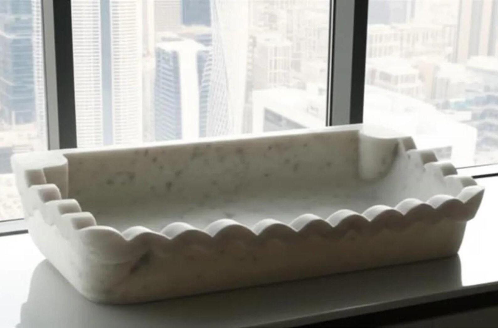 Handcrafted White Marble Scalloped Vessel Sink, Rectangular Stone Vanity Basin (18"Wx13"Dx7"H) - Image 3