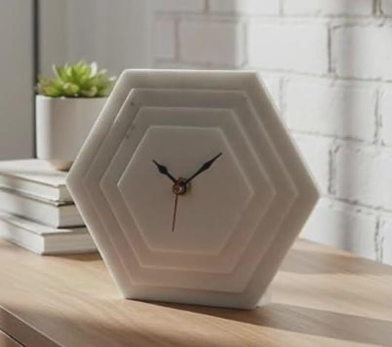 Handmade White Marble Hexagon Table Clock, Modern Geometric Desk Timepiece (15cm) - Image 2