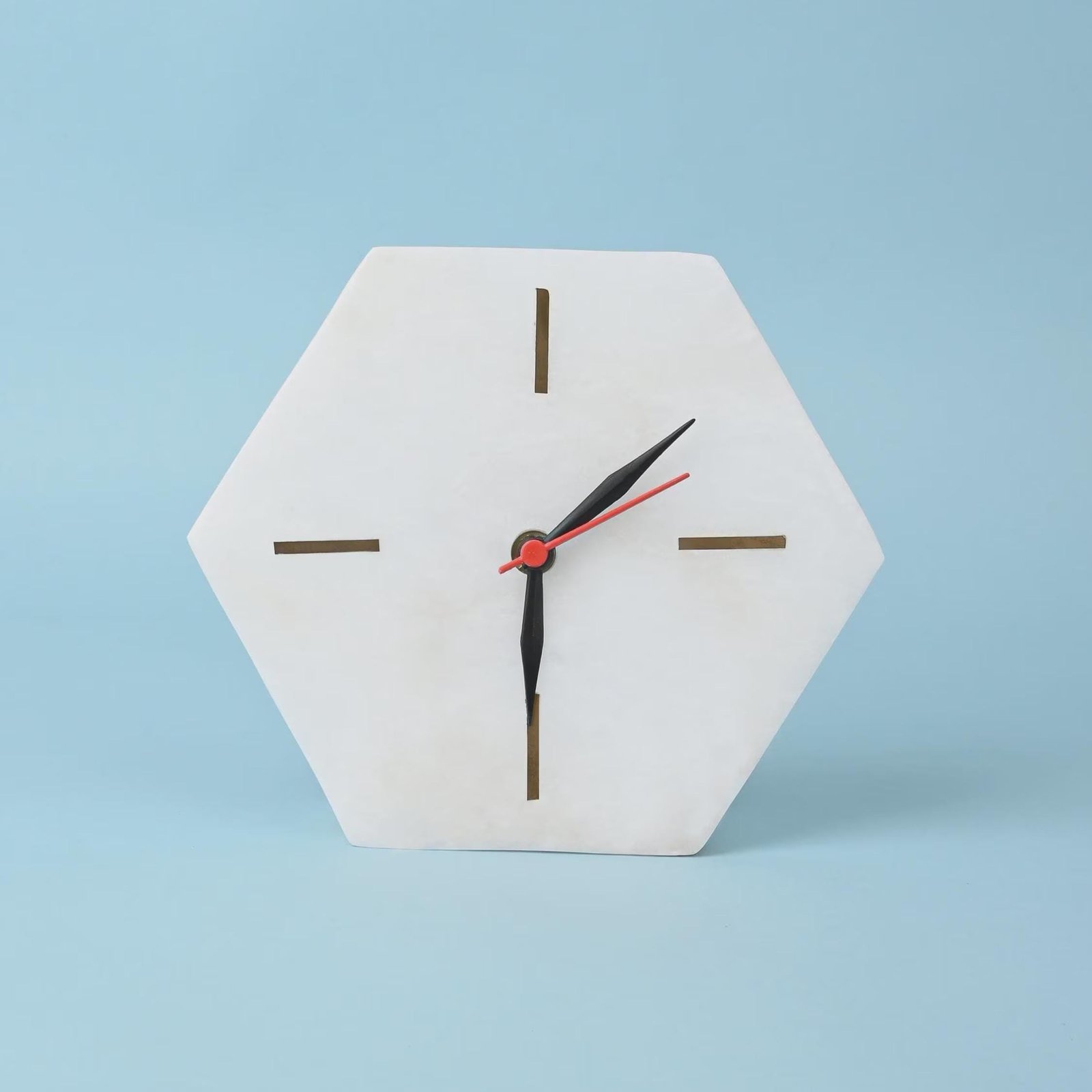 White Marble Hexagon Desk Clock, Modern Geometric Timepiece, Minimalist Stone Decor - Image 2