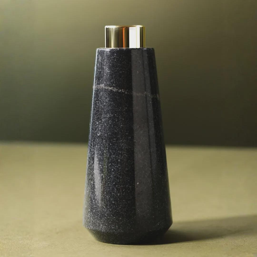 Black Marble Bud Vase with Gold Rim, Modern Minimalist Stone Flower Vase (2.5" Diameter) - Image 2