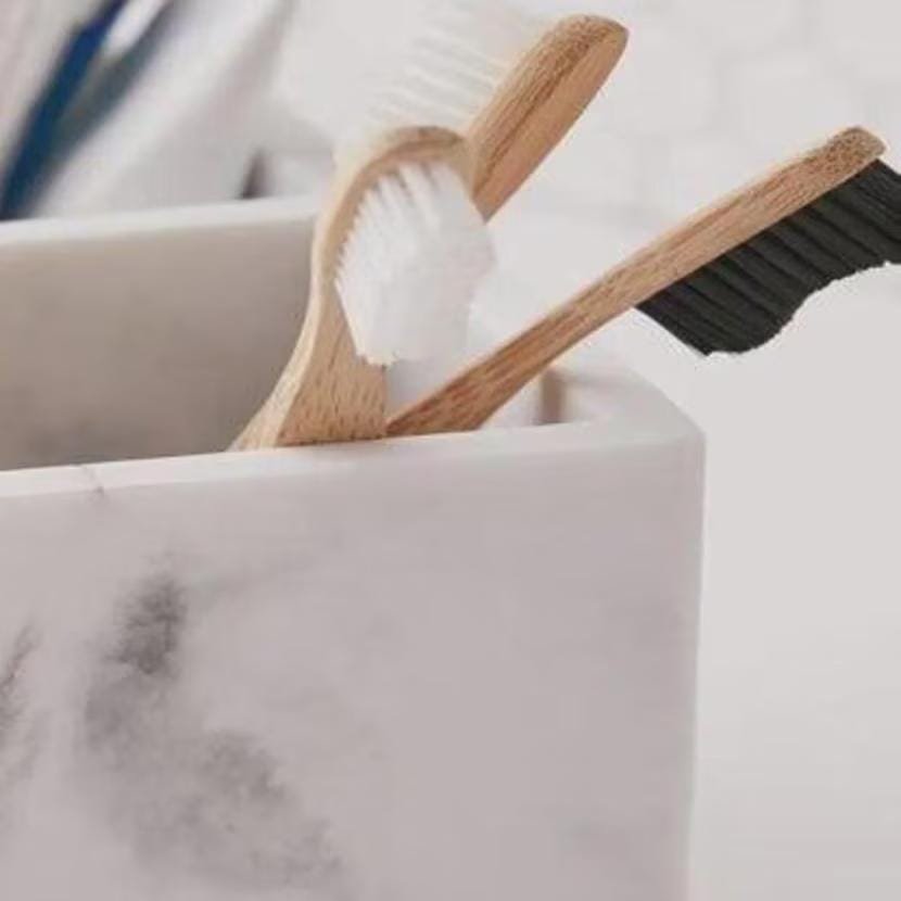 Hand-Carved Marble Toothbrush Holder, Dual-Compartment Vanity Organizer (6.4" L) - Image 2
