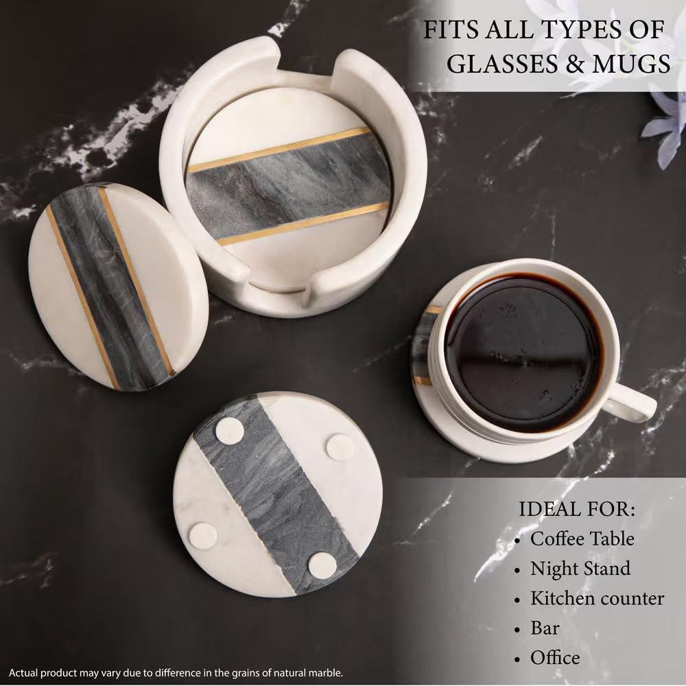 Handmade White Marble Coasters with Holder, Modern Luxury Drink Set (4 Inch) - Image 2