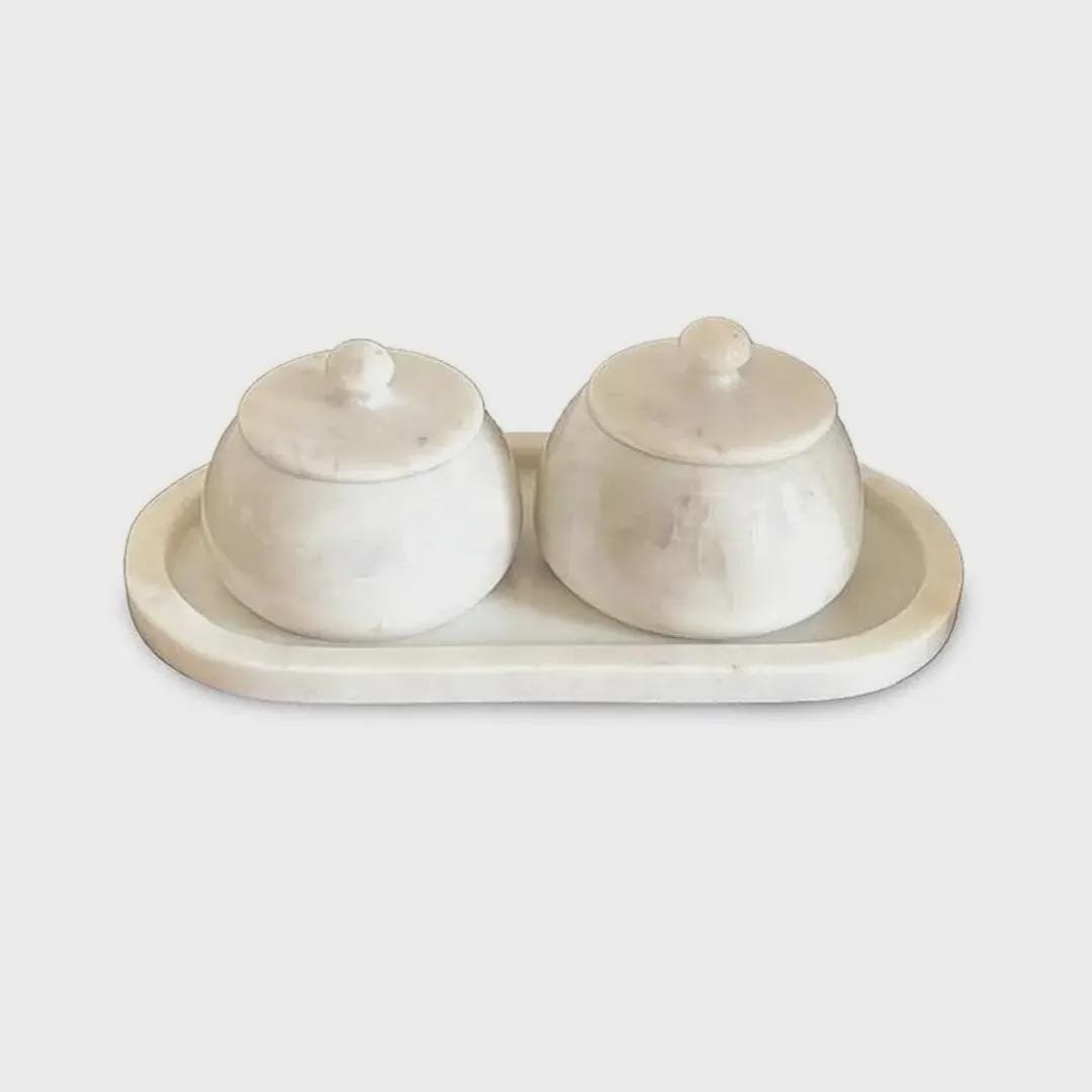 Hand-Carved White Marble Salt Cellar Set, Oval Serving Tray with Lidded Bowls (12" Tray) - Image 5