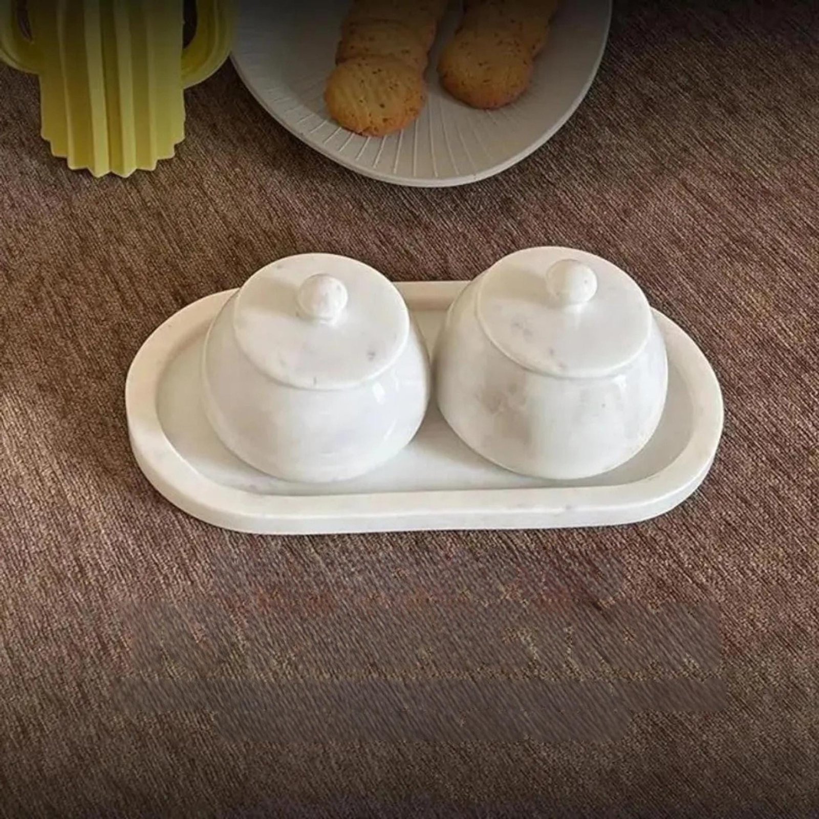 Hand-Carved White Marble Salt Cellar Set, Oval Serving Tray with Lidded Bowls (12" Tray) - Image 3