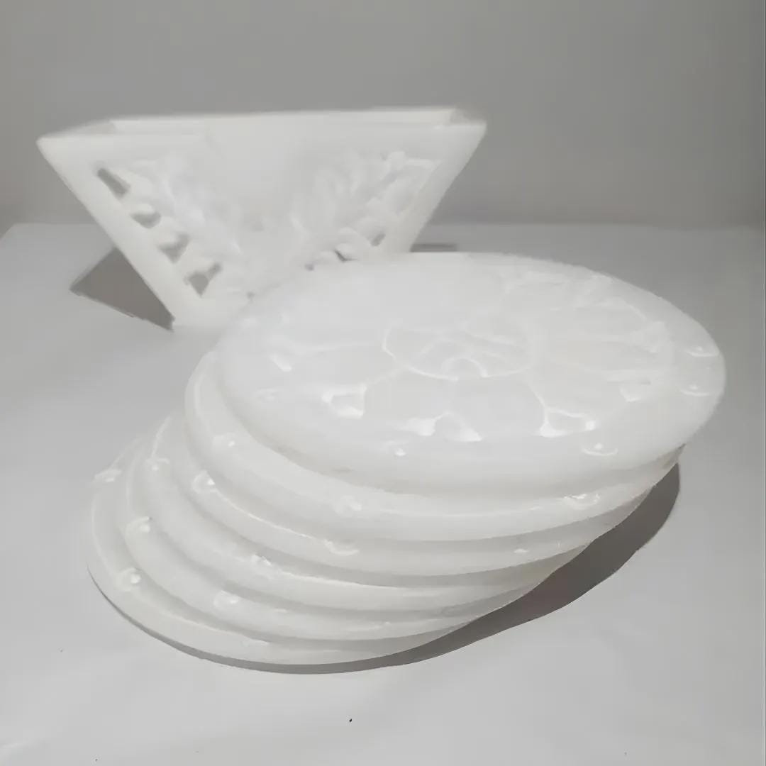 Handcrafted White Marble Coaster Set, Floral Carved Stone Holder, Table Decor - Image 2