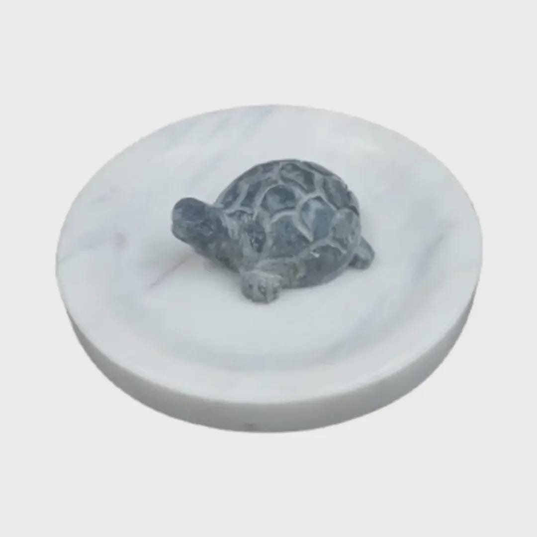 Marble Plate with Soapstone Turtle Figurine: Vastu Feng Shui Wealth Decor (4.5" Plate) - Image 3
