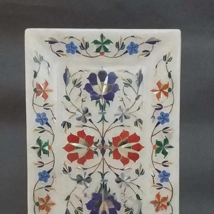 White Marble Inlay Tray Floral Pietra Dura Platter Luxury Stone Vanity Tray Rectangular Decorative Home Decor Tray Gift - Image 2