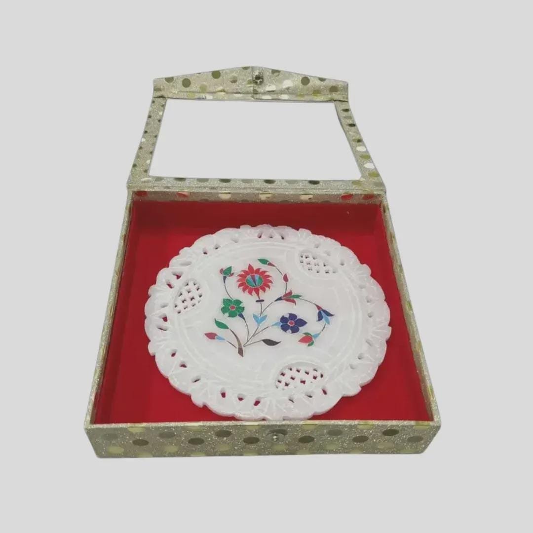 White Marble Inlay Floral Art Plate with Stand – Traditional Indian Craftsmanship - Image 3